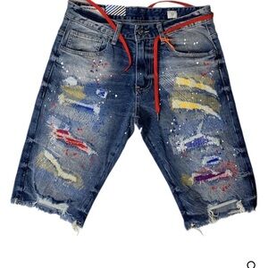 Smoke Rise Men's Distressed Jean Colorful Paint Patch Stretch Denim Shorts Sz 34